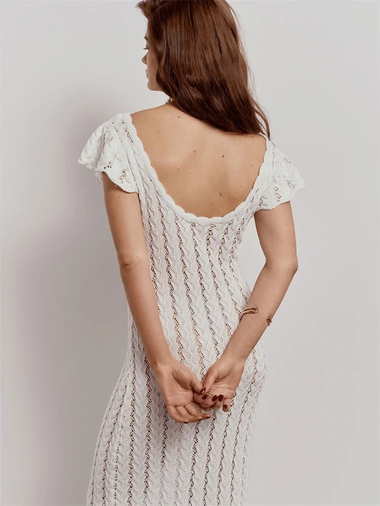 Ruffled V-Neck Hollow-Out Knit Maxi Dress