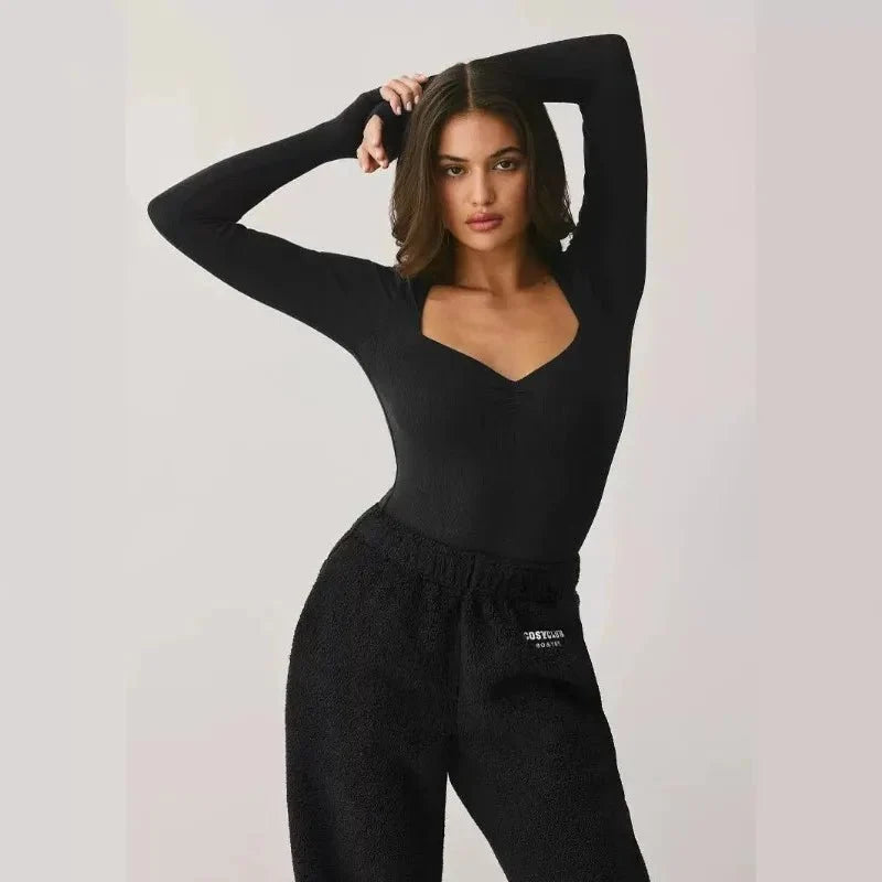 Women's Y2K square neck long-sleeve top by TrendLux Wear, slim fit viscose blend t-shirt in fall winter style.