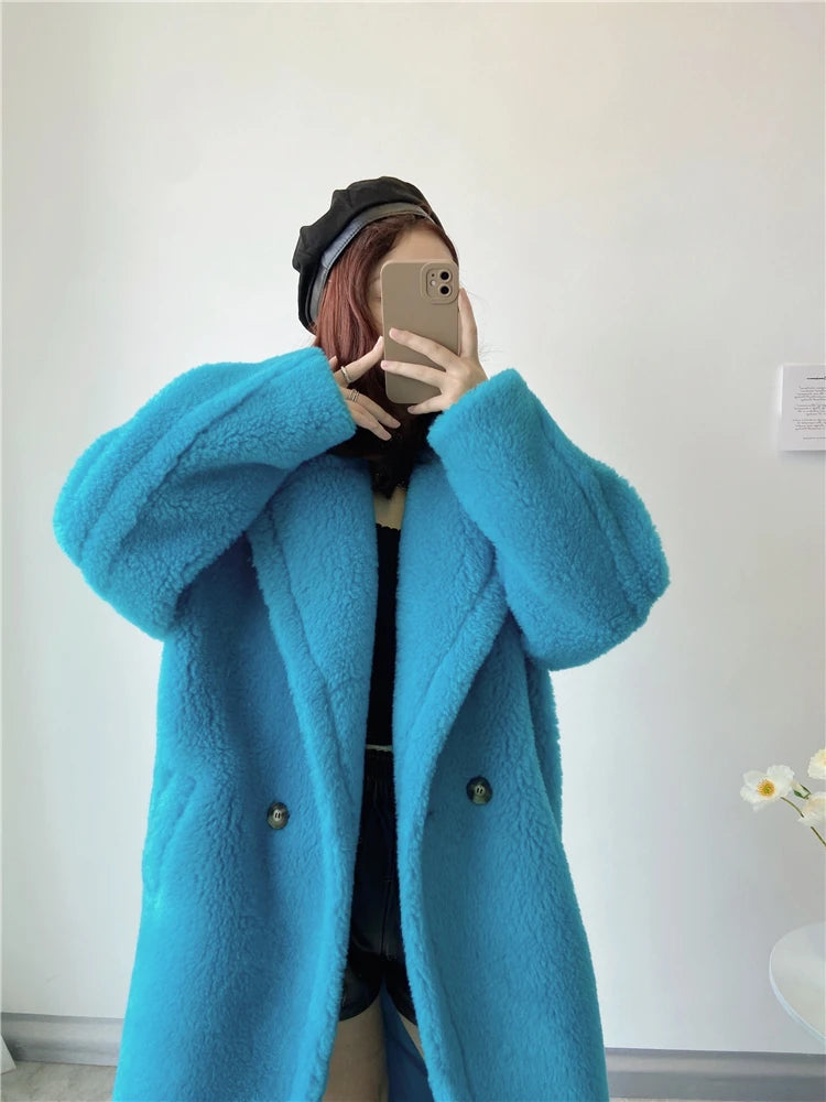 Winter Jacket Women Long Coat  Wool Woven Fabric Thick Warm Outerwear Oversize Fashion Streetwear Teddy Bear Coats