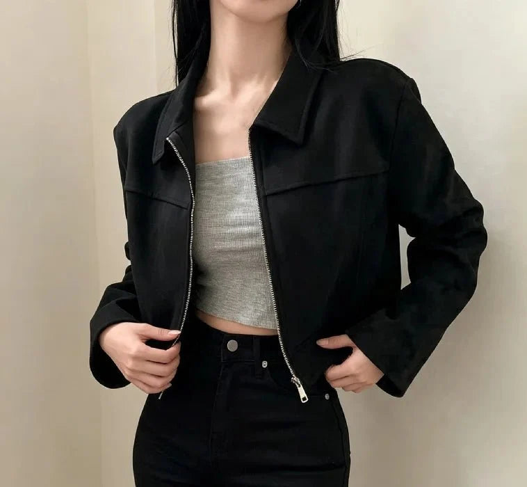 Women's retro lapel zip jacket by TrendLux Wear, slim fit patchwork short coat for spring and fall office outerwear.