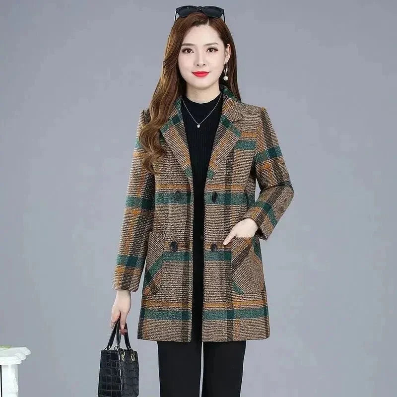 Women's plaid woolen overcoat by TrendLux Wear, featuring classic outerwear design with a stylish plaid pattern and warm wool fabric.