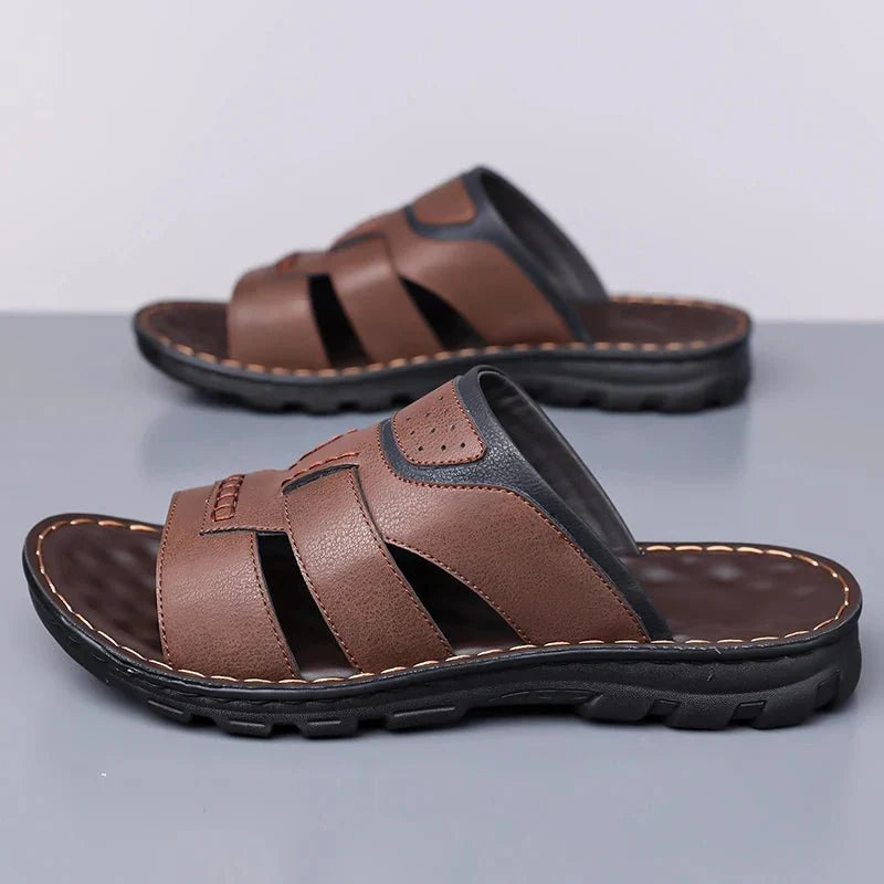 Men's handmade leather half-drag slippers by TrendLux Wear, lightweight outdoor slides in EU sizes 38-58, shown on a wooden floor.