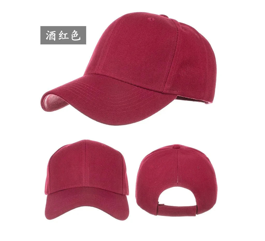 Unisex solid color baseball cap by TrendLux Wear, 5-panel structured hat in various vibrant colors, front view.