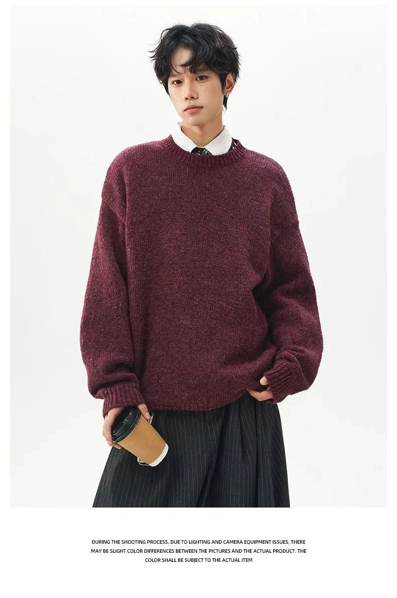 Men's oversized round neck pullover sweater by TrendLux Wear in warm polyester knit, shown in three color options.