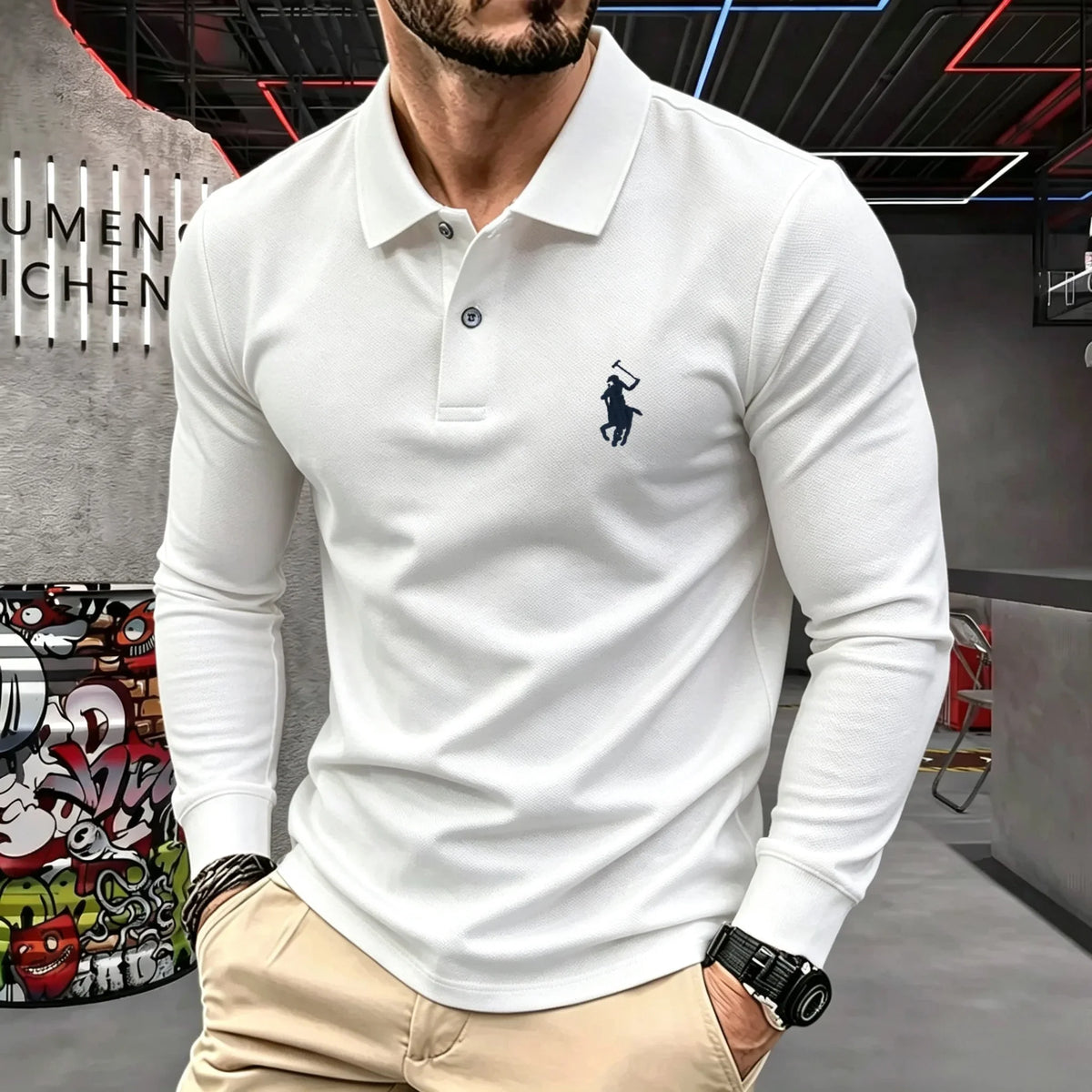 Men's Cotton Long-Sleeve Polo Shirt