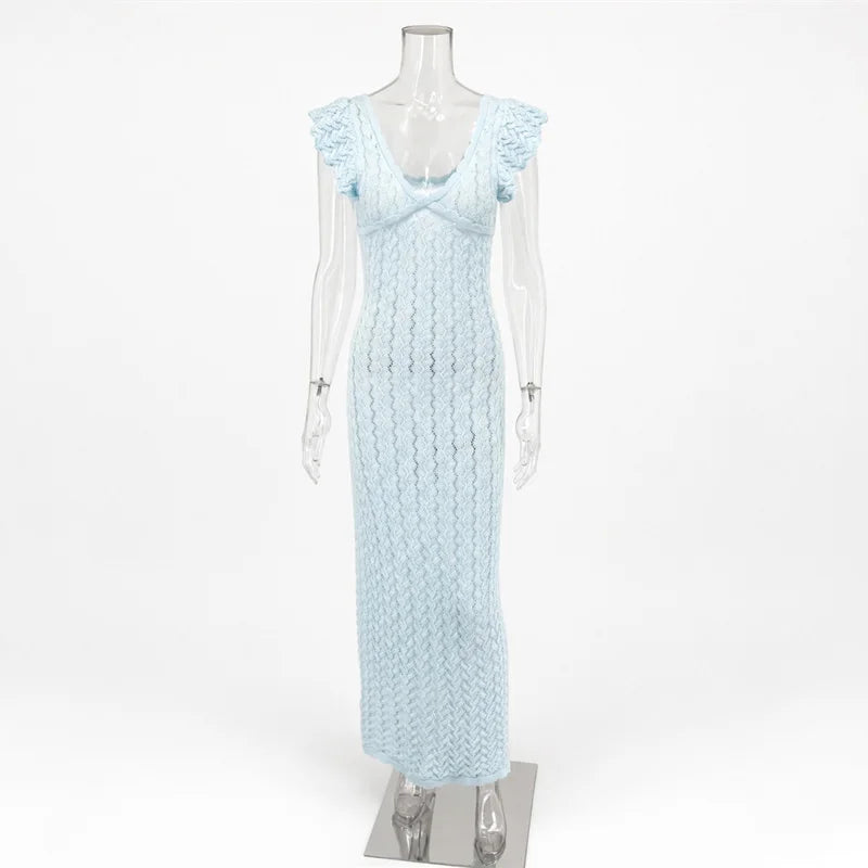 Ruffled V-Neck Hollow-Out Knit Maxi Dress