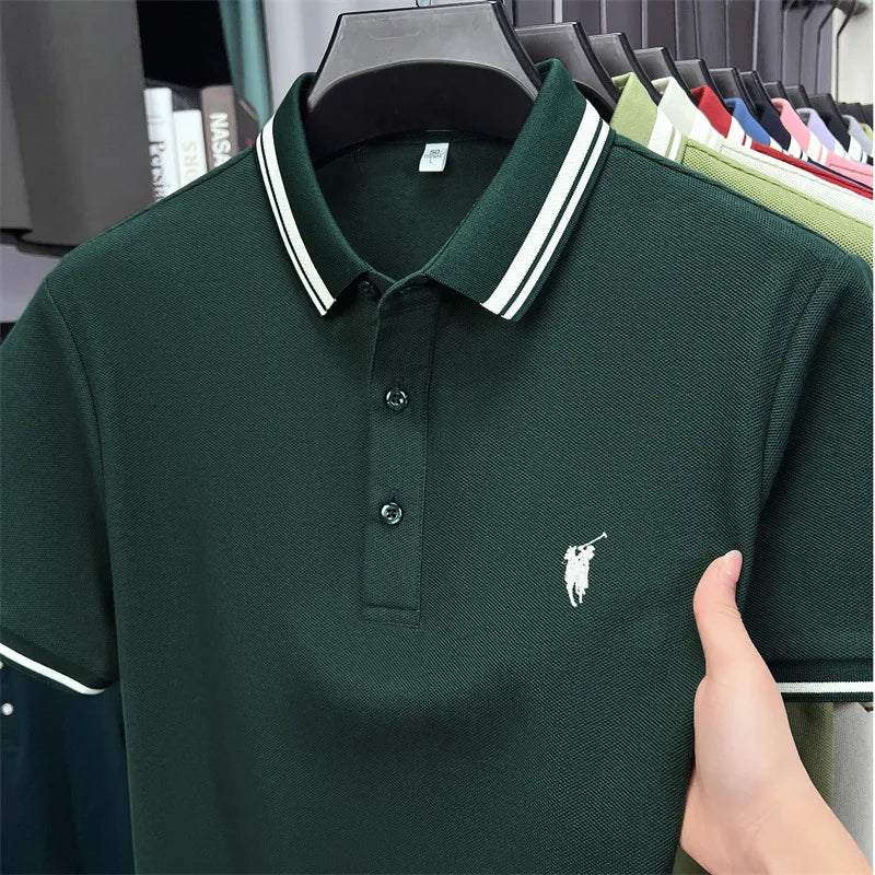 Dark green short sleeve polo shirt featuring white striped collar and a small embroidered pony logo on the chest.