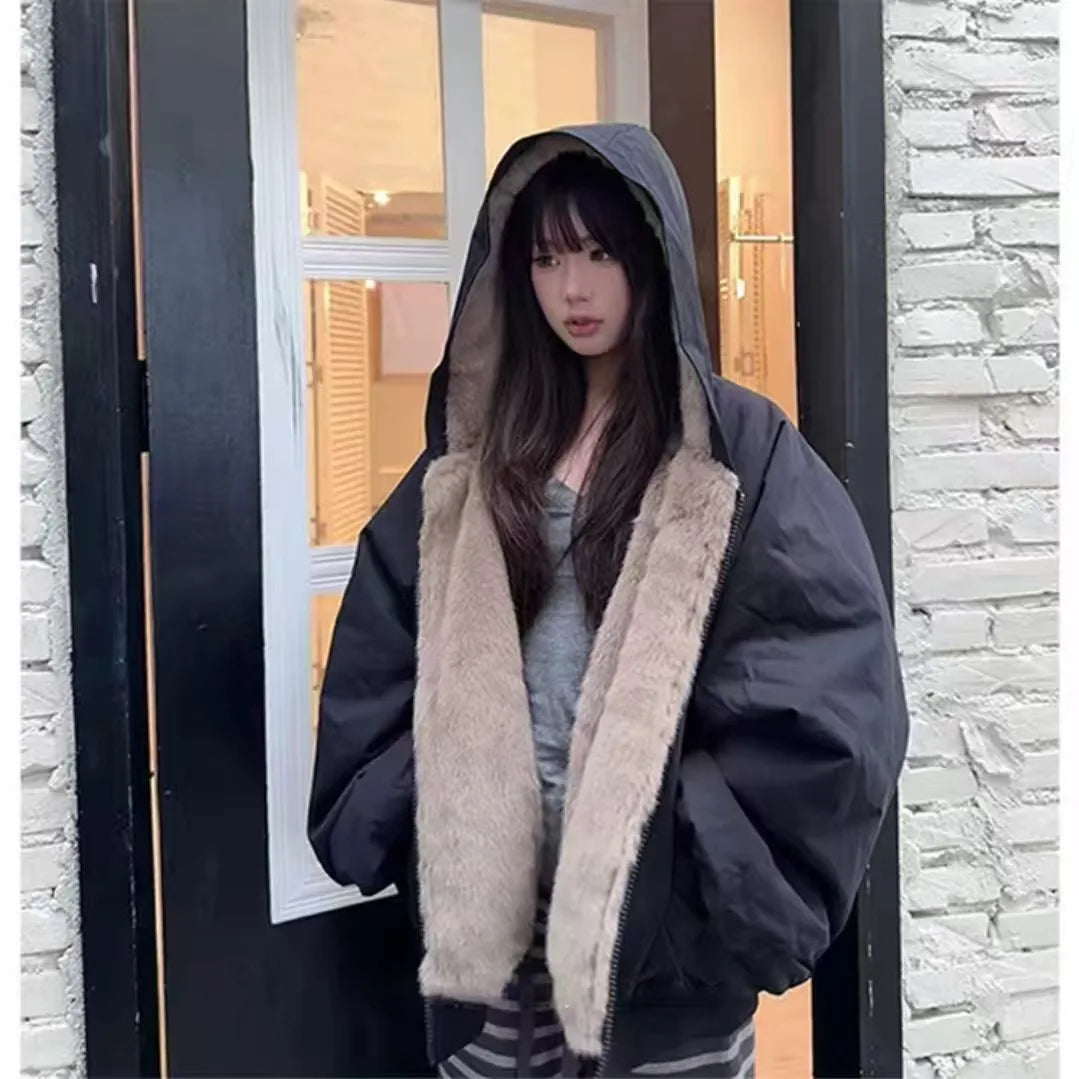 Winter Women Jacket Coats Parkas Female Double-sided Cotton Hooded Overcoat Thick Warm Jackets Windproof Casual Snow Outerwear