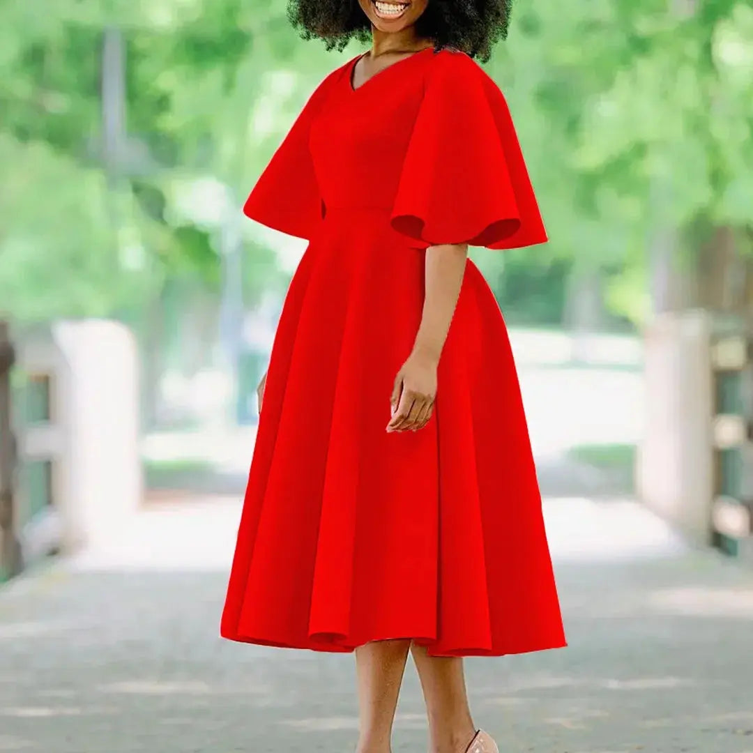 TrenLux Wear Women's Polyester High Waist Flare Sleeve Pleated A-Line Midi Dress The Glow Sanctuary