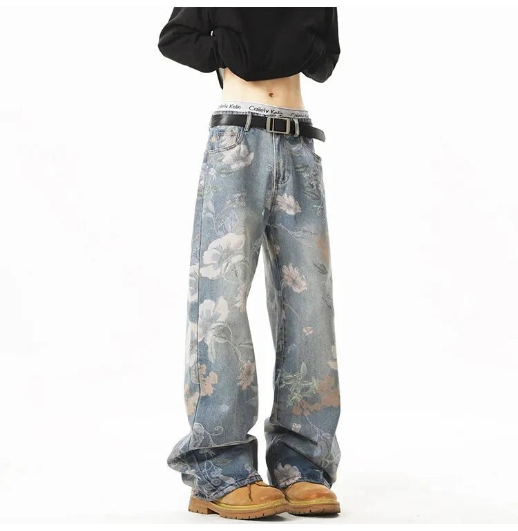 Men's retro floral print jeans by TrendLux Wear, hip-hop loose wide-leg denim pants with casual style, suitable for couples.