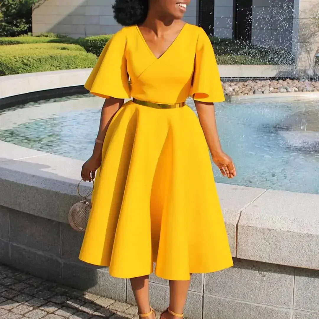 TrenLux Wear Women's Polyester High Waist Flare Sleeve Pleated A-Line Midi Dress The Glow Sanctuary