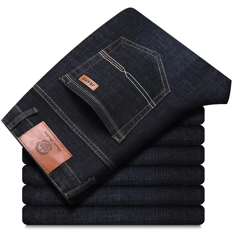 Men's slim fit black biker jeans by TrendLux Wear, classic straight leg style, shown in size 32.