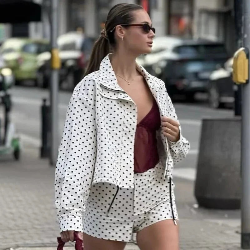 TrenLux Wear women's polka dot bomber jacket with oversized fit, long sleeves, zip-up front, and aviator-inspired style.