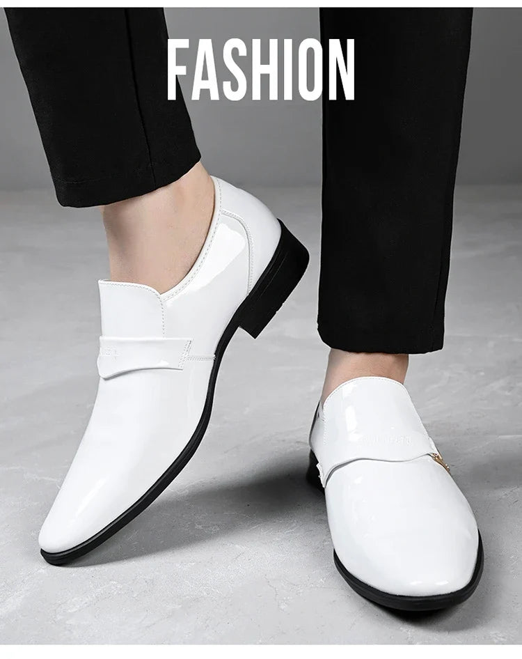 Men's black patent leather pointed toe loafers by TrendLux Wear, slip-on dress shoes with a sleek, polished finish for business casual.
