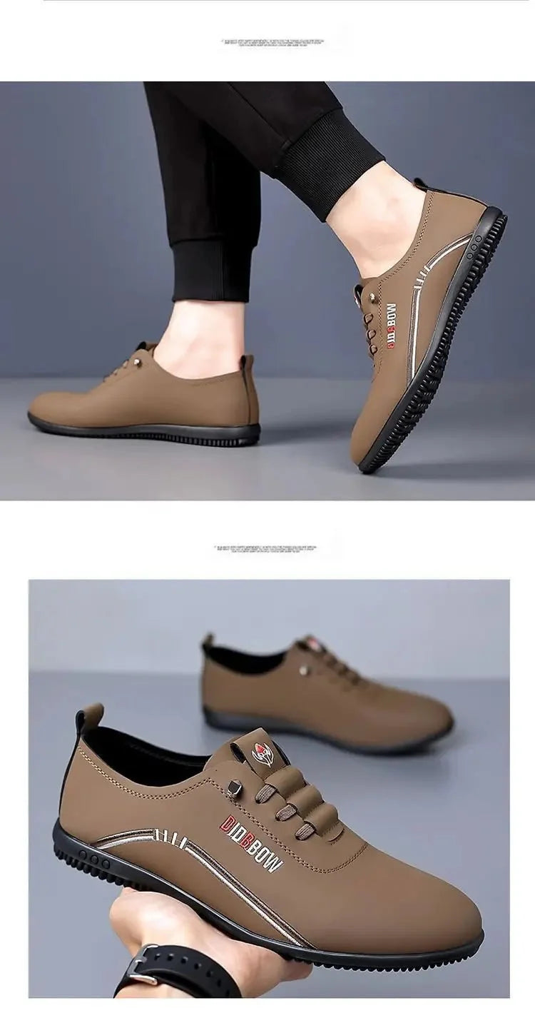 Men's soft sole leather loafers by TrendLux Wear, lightweight slip-on moccasin walking shoes, shown in a classic tan color.