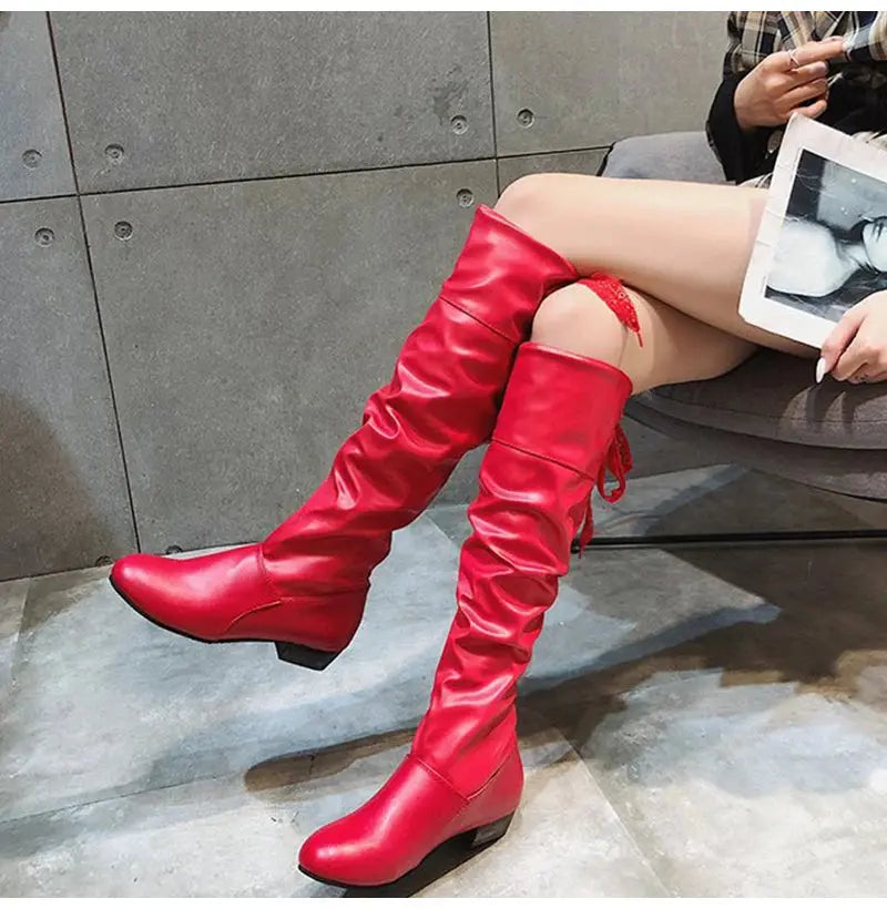 TrenLux Wear Women's Pleated Lace-Up Knee-High Boots — Low Heel, Black, White & Red, Sizes 35–43 TrenLux Wear