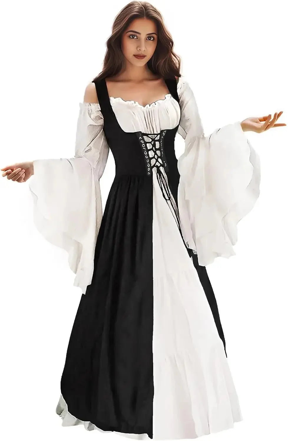 Women's polyester medieval Renaissance faire costume dress featuring flowing fabric and intricate details from The Glow Sanctuary.