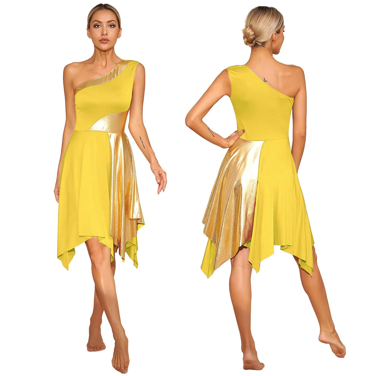 Shimmery one-shoulder metallic performance dance dress by The Glow Sanctuary, designed for stage and worship performances.