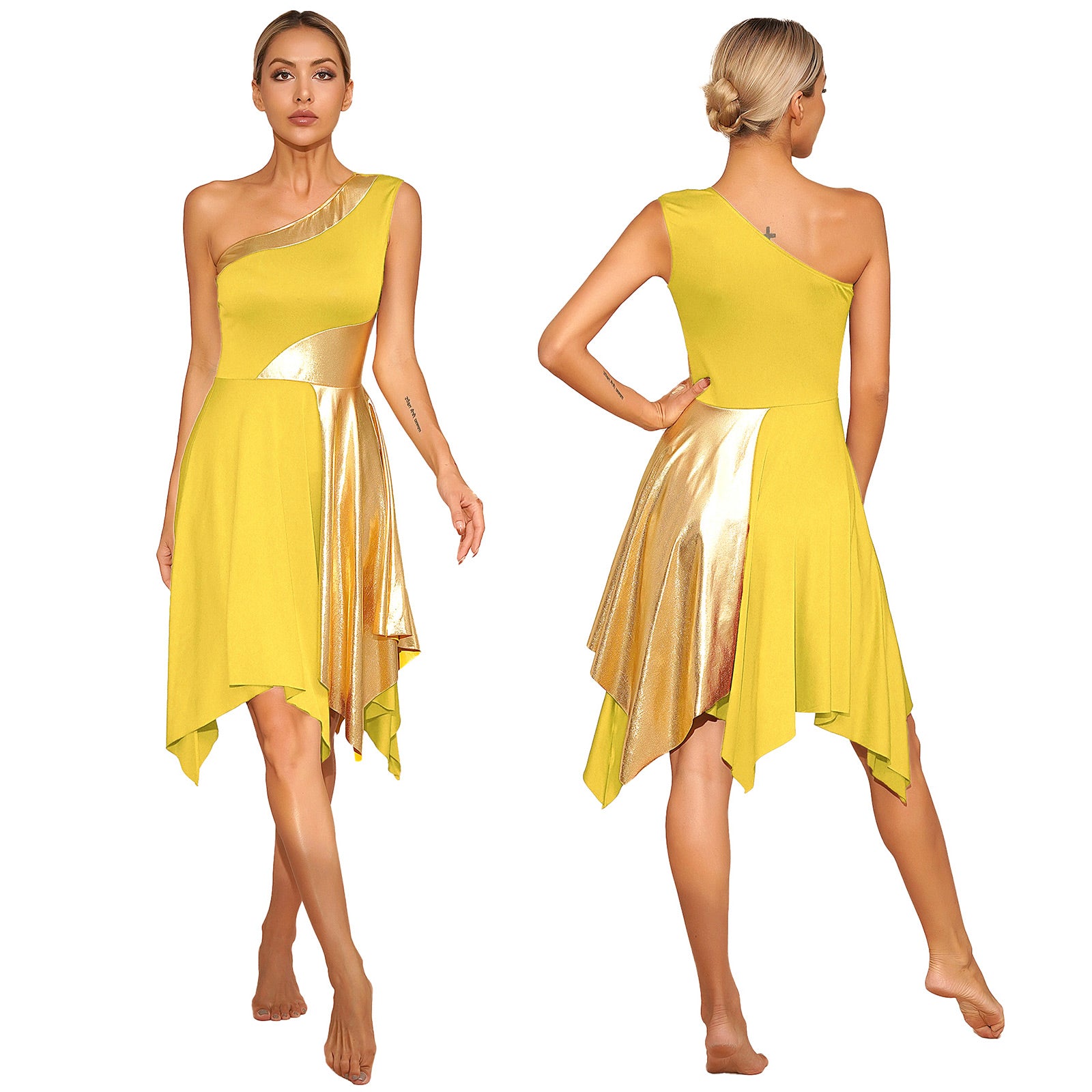 TrendLux Women's Polyester-Spandex One-Shoulder Metallic Lyrical Dance Worship Dress