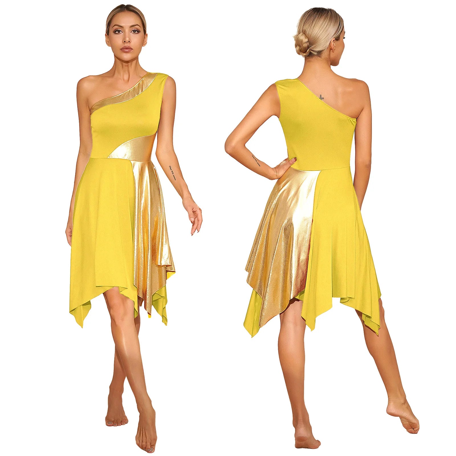 TrendLux Women's Polyester-Spandex One-Shoulder Metallic Lyrical Dance Worship Dress