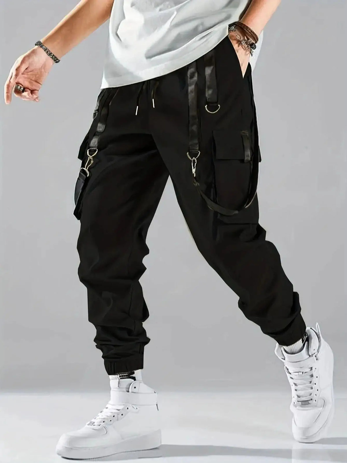 Men's Techwear Cargo Joggers by TrendLux Wear with drawstring, multiple pockets, and a modern hip hop style in various colors.