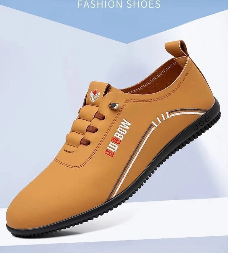 Men's soft sole leather loafers from TrendLux Wear, lightweight slip-on moccasin walking shoes on a neutral background.