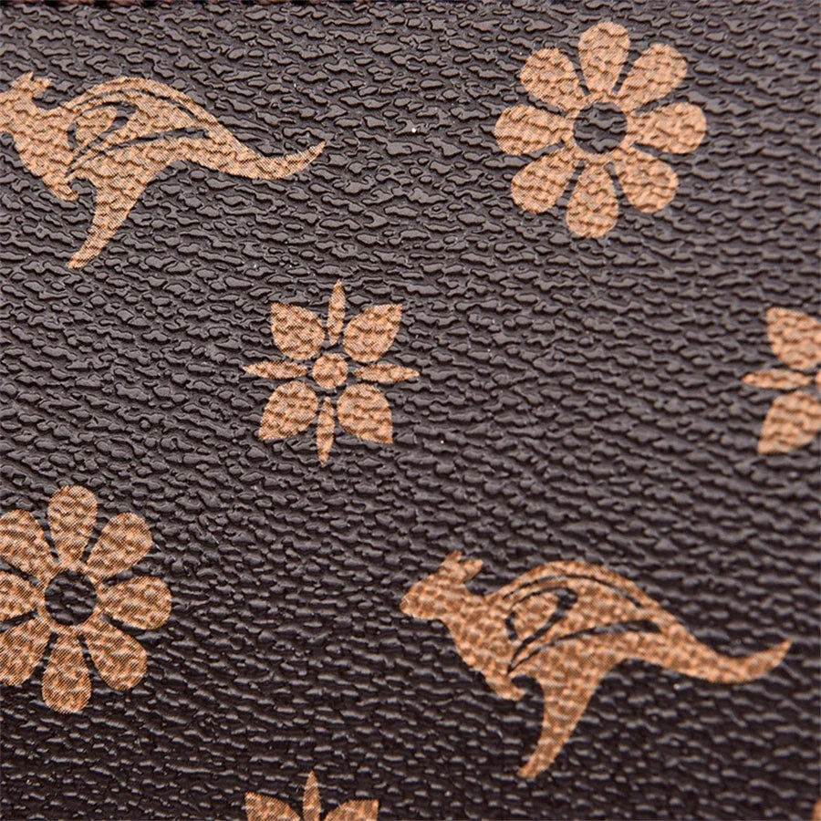 Brown textured material featuring an animal and floral pattern in gold, suitable for a designer shoulder bag.