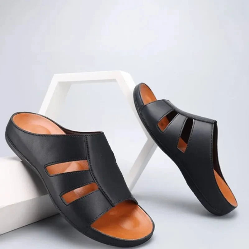 Men's luxury handmade leather peep-toe slippers by TrendLux Wear, casual beach slides in EU sizes 40 to 46.