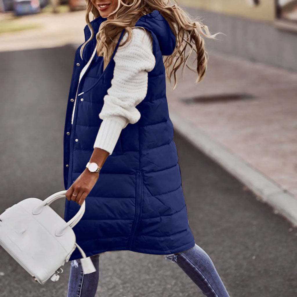 Women’s Long Hooded Puffer Vest – Quilted Cotton-Filled Sleeveless Winter Coat with Pockets
