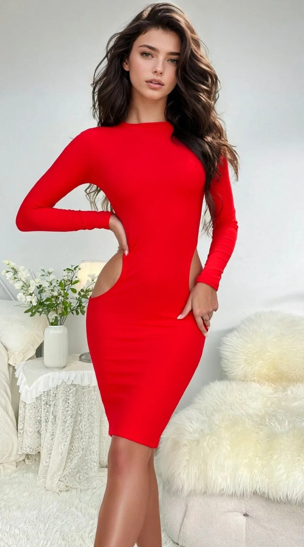 TrendLux Women's Polyester Long Sleeve Hollow-Out Bodycon Knee-Length Dress