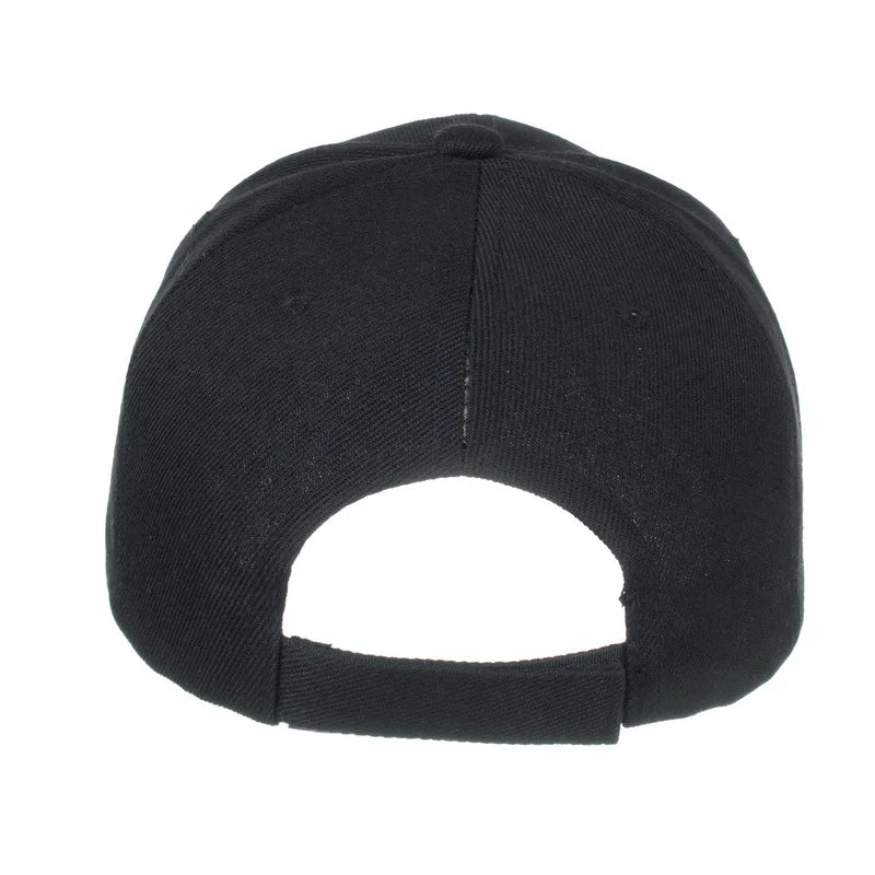 Unisex solid color baseball cap by TrendLux Wear, 5-panel structured hat in various colors, shown in black with curved brim.