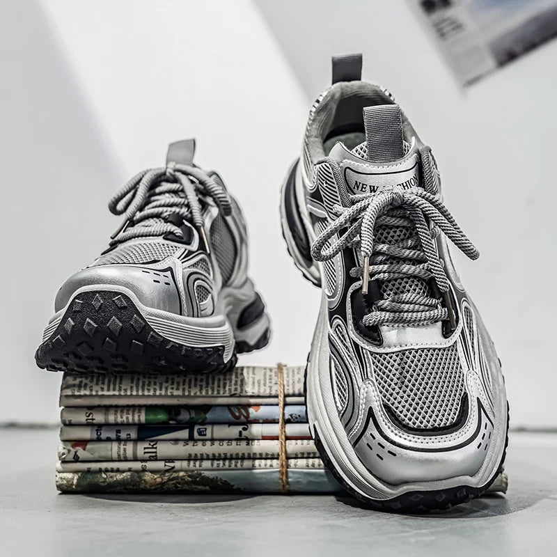 Men's Chunky Dad Sneakers by TrendLux Wear with mesh and leather upper in beige, gray, and silver.