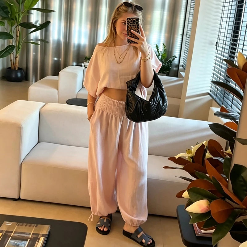 TrendLux Women's Pink High Waist Wide Leg Balloon Pants – Casual Summer Trousers