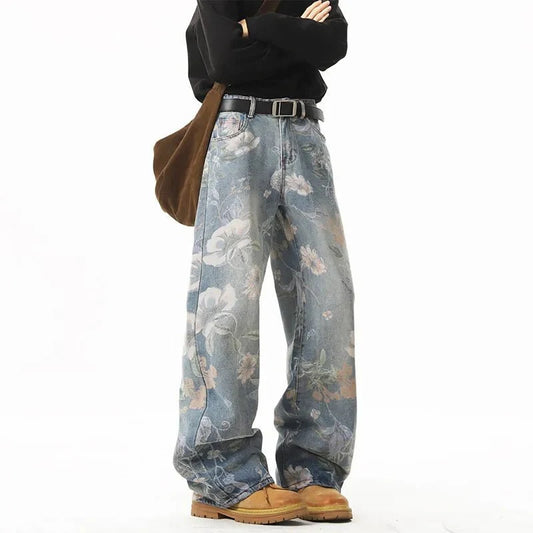 Men's retro floral print jeans by TrendLux Wear, hip-hop style loose wide-leg denim with casual fit for men and couples.
