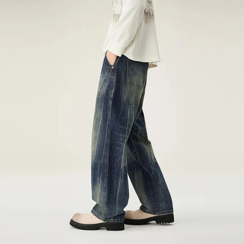 Men's distressed straight leg jeans by TrendLux Wear, casual denim pants with a relaxed fit and stylish distressed details.