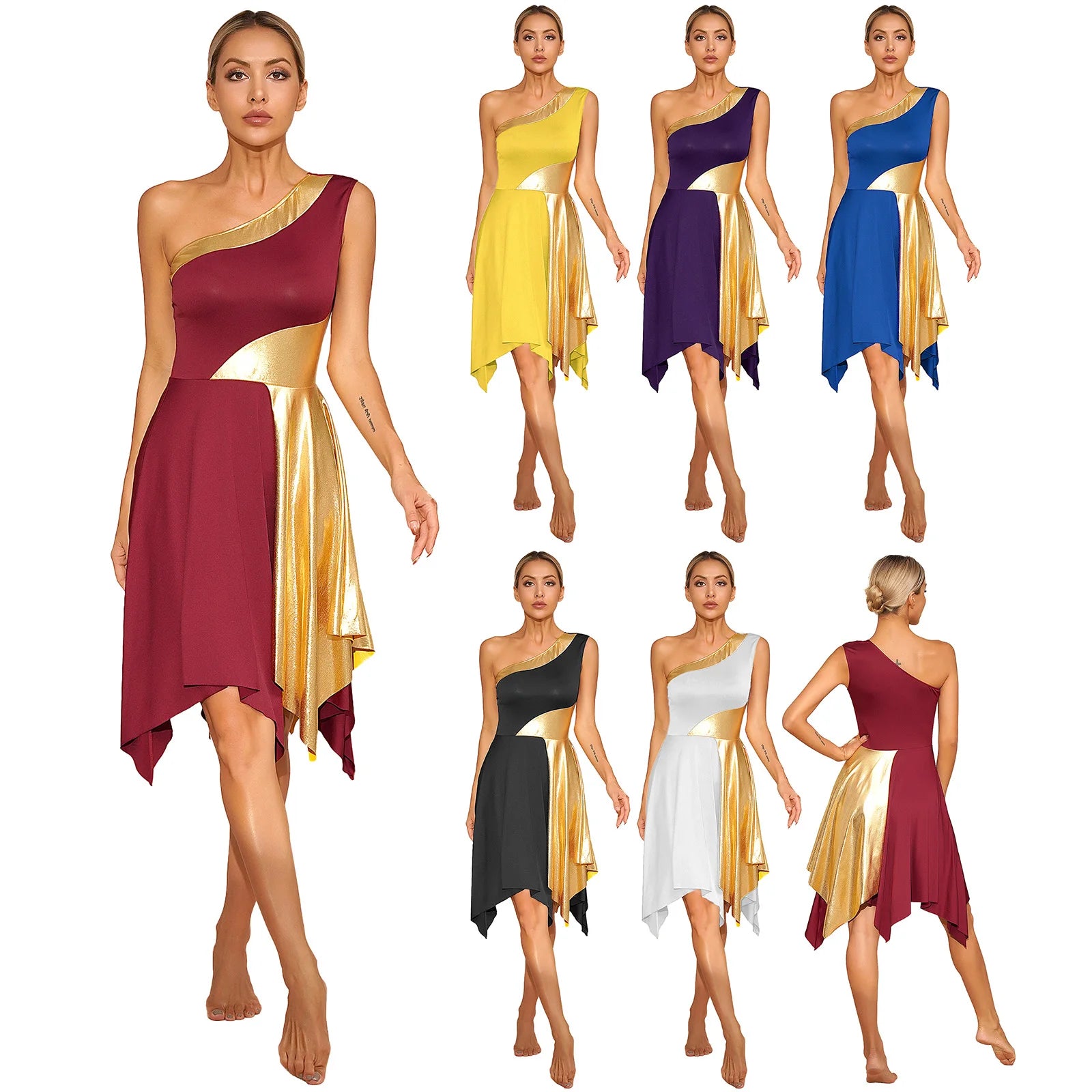 TrendLux Women's Polyester-Spandex One-Shoulder Metallic Lyrical Dance Worship Dress