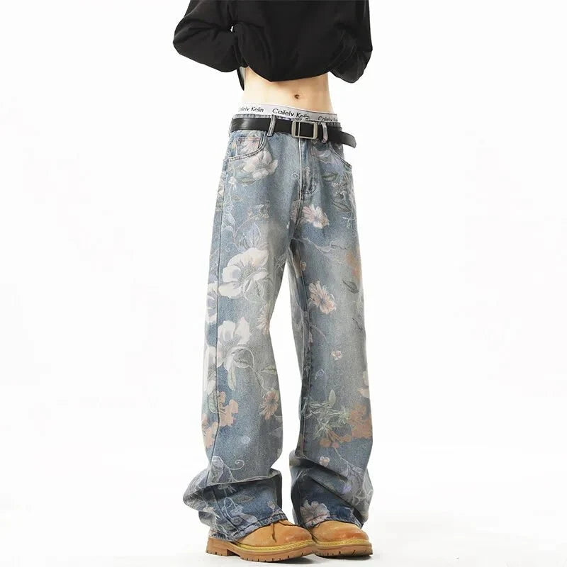 Men's retro floral print jeans by TrendLux Wear, loose wide-leg denim with floral patterns, casual hip-hop style pants.