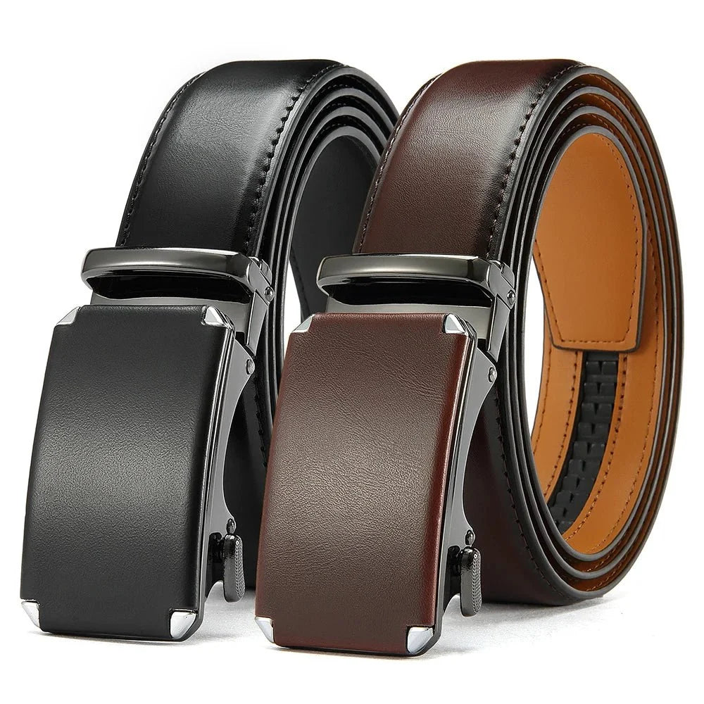 Men's ratchet leather belt with automatic buckle from TrendLux Wear, adjustable waistband, fits 105–135cm waist.