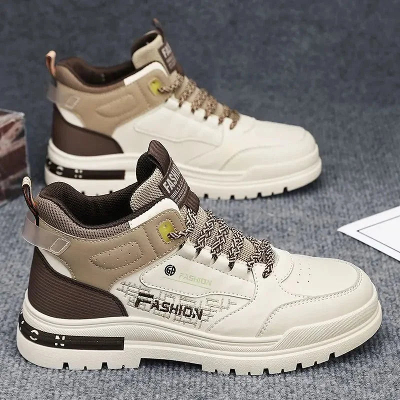 Men's high-top street sneakers by TrendLux Wear, non-slip vulcanized ankle shoes, black with white rubber soles, stylish and durable.