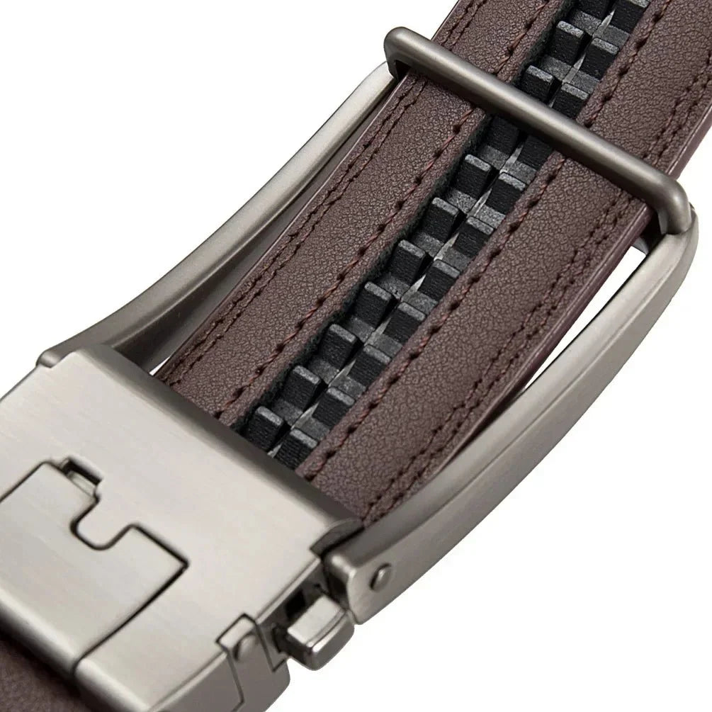 Men's genuine leather belt with luxury automatic buckle in brown and black, adjustable 105–170cm, by TrendLux Wear.