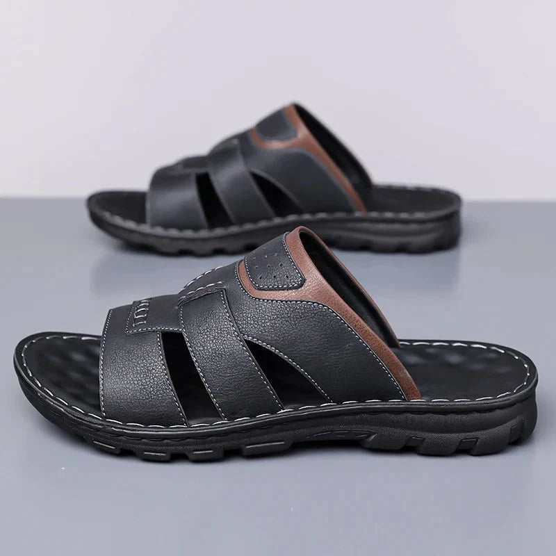 Men's handmade leather half-drag slippers by TrendLux Wear, lightweight outdoor slides in EU sizes 38 to 58, showing the open-toe design.