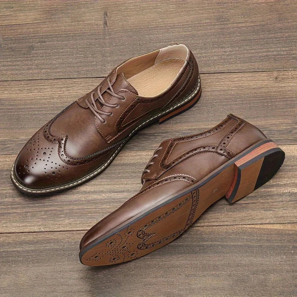 Men's black and brown leather lace-up brogue dress shoes by TrendLux Wear, formal business Oxfords with detailed perforations.