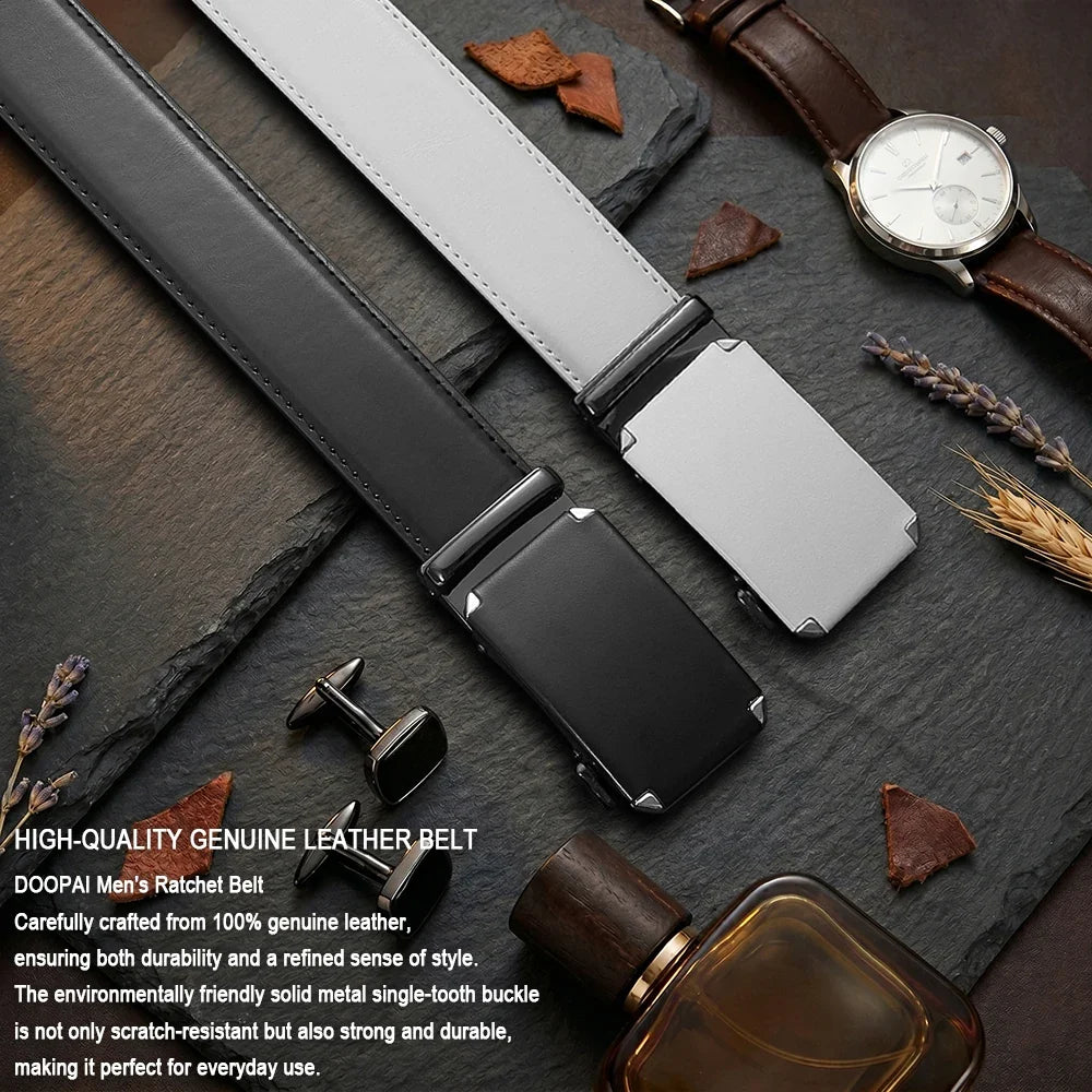 Men's ratchet leather belt with automatic buckle and adjustable waistband from TrendLux Wear, shown in black with detailed stitching.