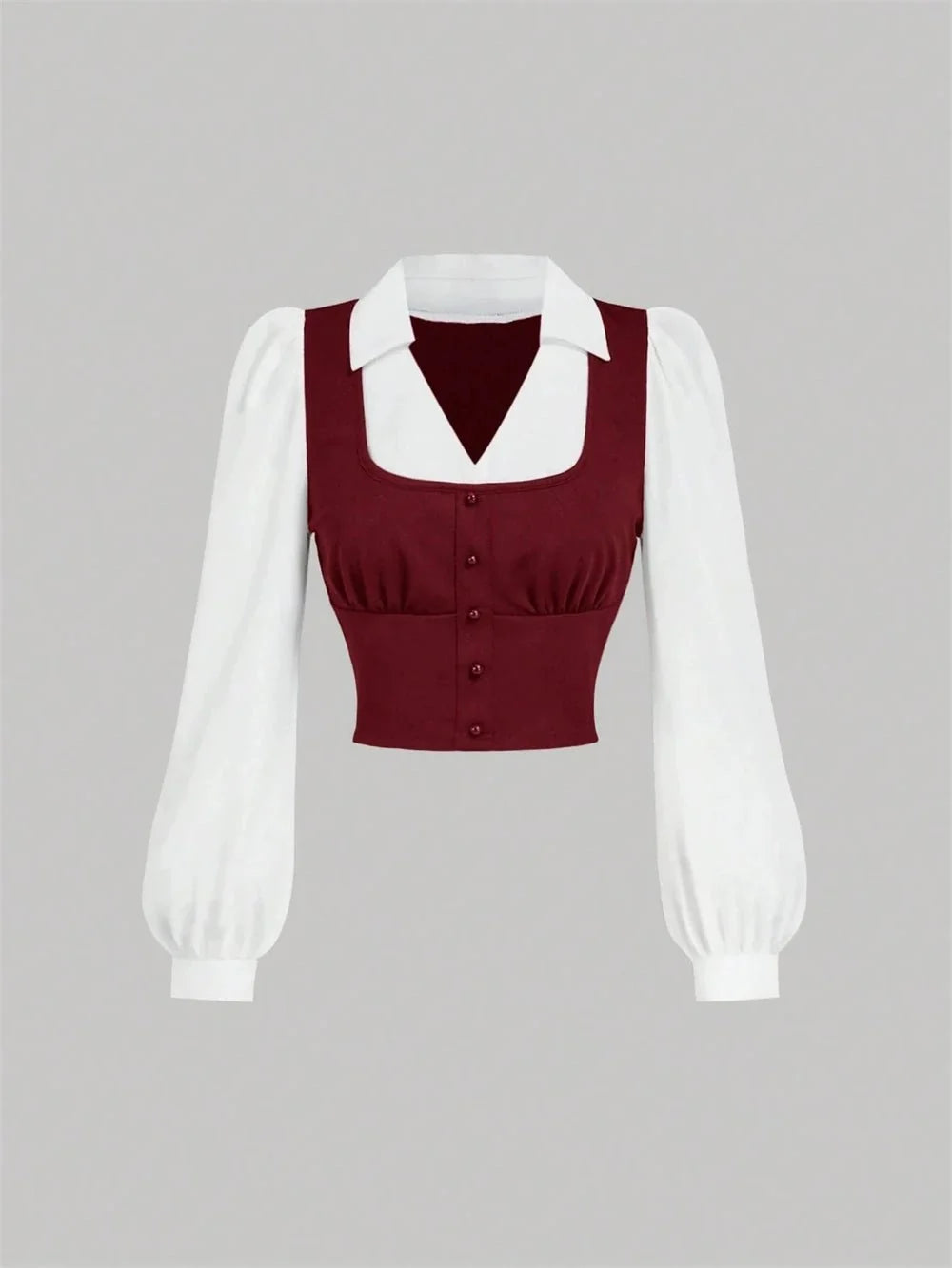 Women's striped 2-in-1 cropped shirt by TrendLux Wear featuring V-neck, lantern sleeves, perfect for spring and fall.