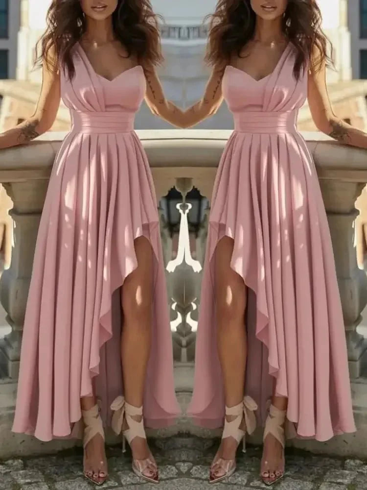 Women's polyester A-line deep V-neck cocktail gown by The Glow Sanctuary, featuring a stylish dress with elegant design.