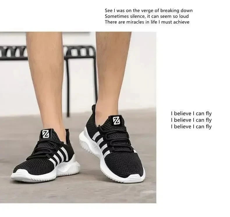 Men's breathable air mesh tennis shoes by TrendLux Wear, lightweight outdoor athletic trainers with mesh uppers and cushioned soles.