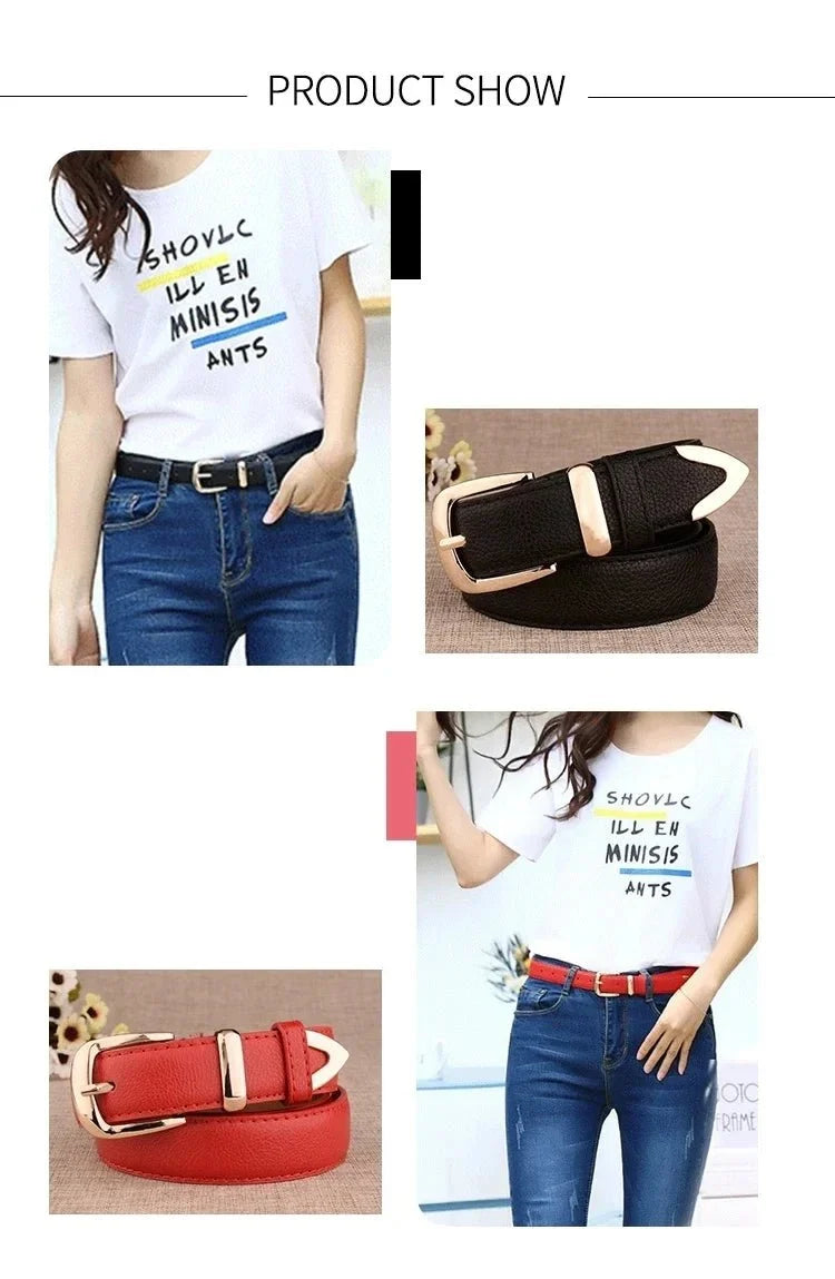 Women's vintage pin buckle belt made of black PU leather with trouser style design by TrendLux Wear.