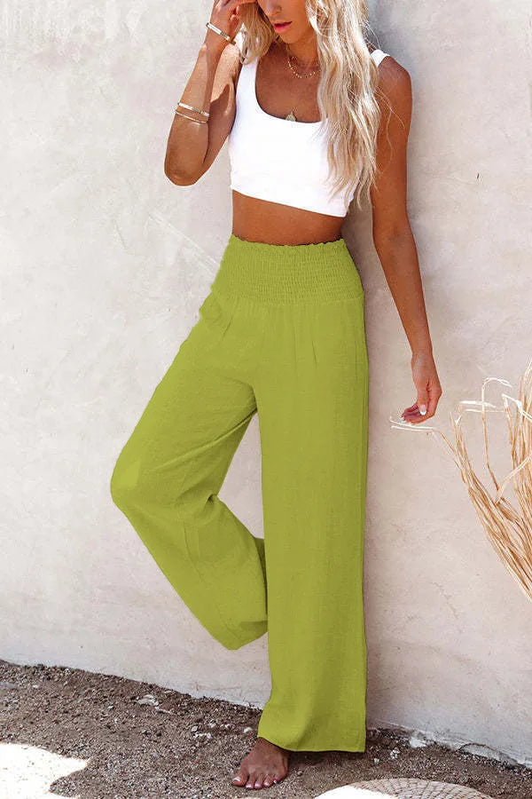TrendLux Women's Linen Cotton Casual Trousers – Elastic Waist Wide Leg Pants