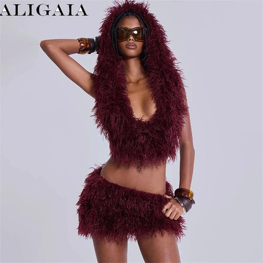 Women's faux fur 2-piece set with lace-up backless tank top and bodycon mini skirt from TrendLux Wear, perfect for a night out.