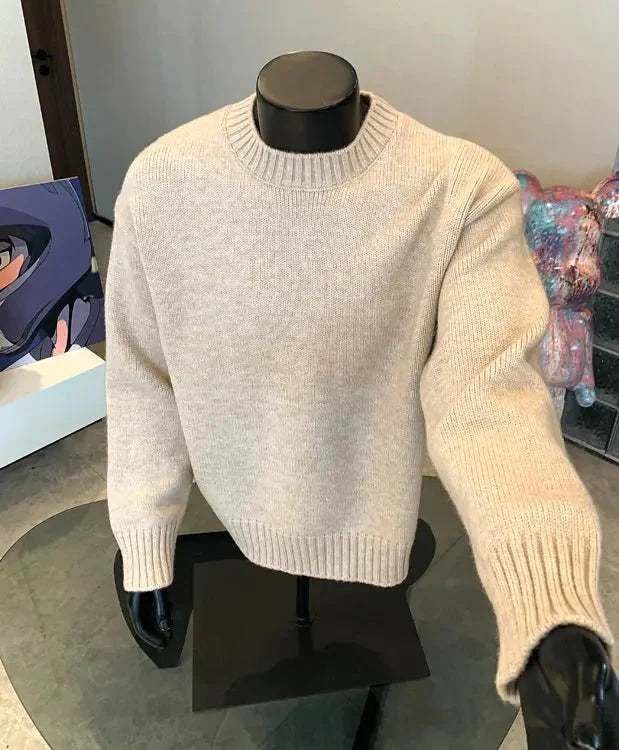Men's cashmere-blend round neck pullover sweater by TrendLux Wear in five colors, shown in a close-up of the soft fabric and neckline.